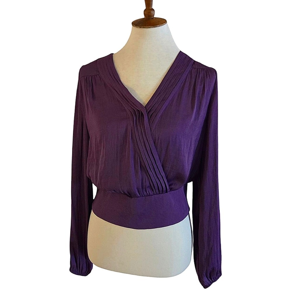 Rachel Rachel Roy Purple Pleated‎ Surplice V-Neck Smocked Waist Blouse NEW - Picture 2 of 6